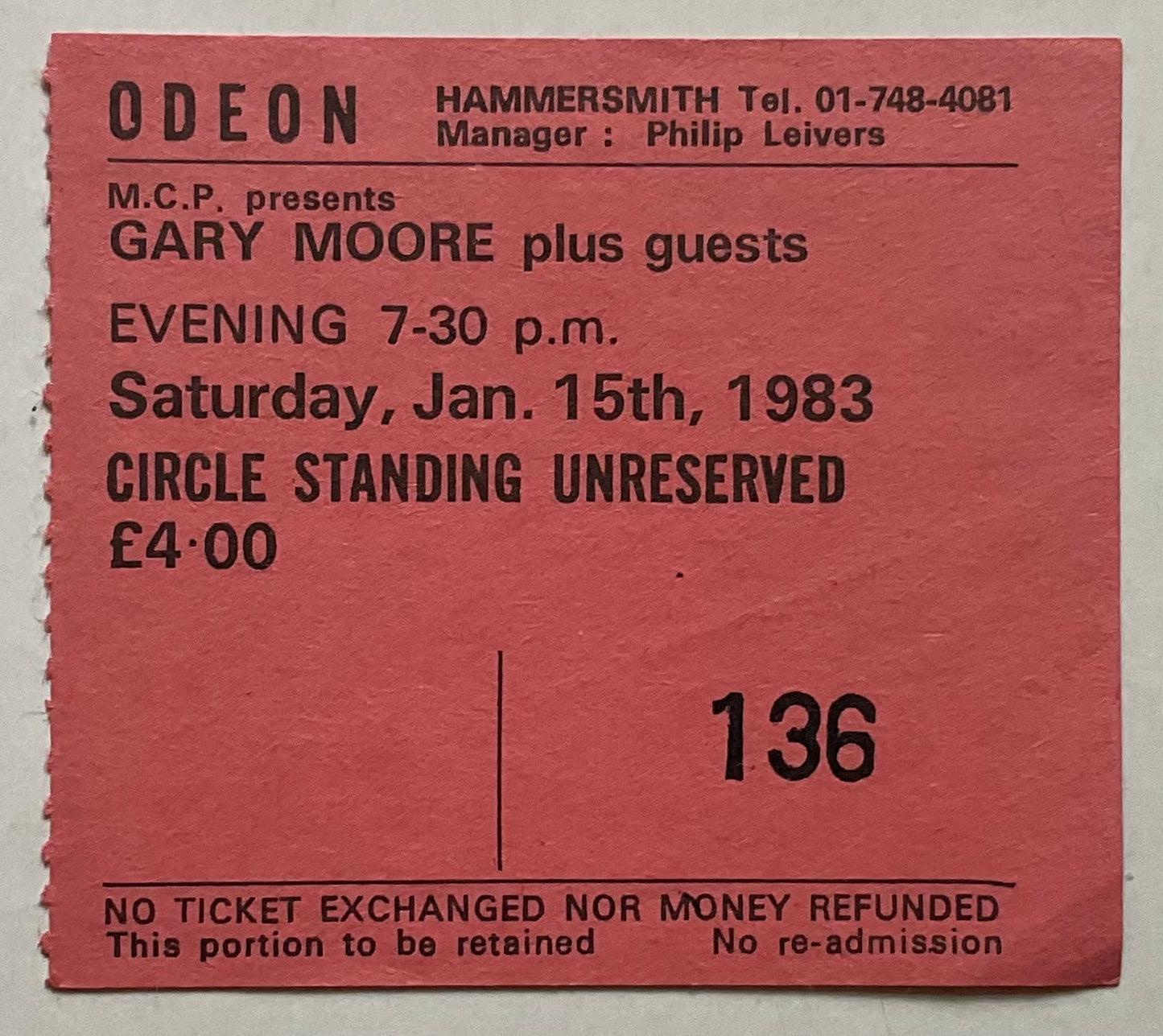 Gary Moore Original Used Concert Ticket Hammersmith Odeon London 15th Jan 1983