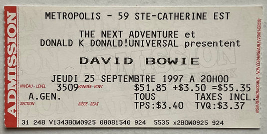 David Bowie Original Used Concert Ticket Metropolis Montreal 25th Sep 1997