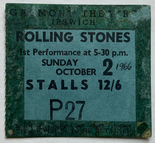Rolling Stones Original Used Concert Ticket Gaumont Theatre Ipswich 2nd Oct 1966