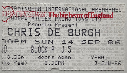 Chris De Burgh Original Used Concert Ticket NEC Arena Birmingham 14th Sep 1986