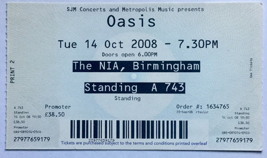 Oasis Original Used Concert Ticket NIA Birmingham 14 Oct 2008