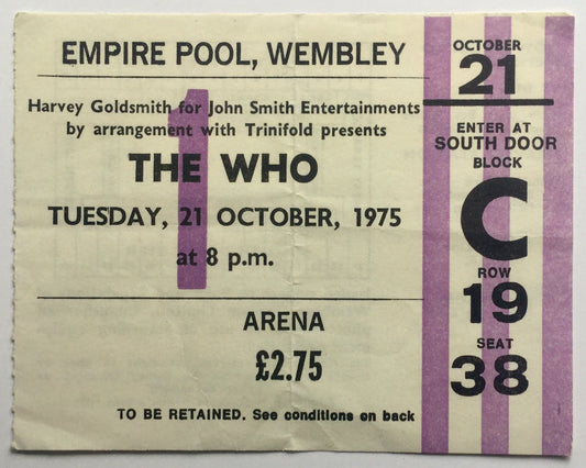 Who Original Used Concert Ticket Empire Pool Wembley London 21st Oct 1975