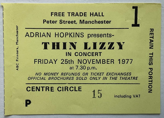 Thin Lizzy Original Used Concert Ticket Free Trade Hall Manchester 25th Nov 1977