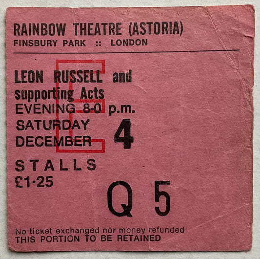 Eric Clapton Leon Russell Original Concert Ticket Rainbow Theatre London 4th Dec 1971