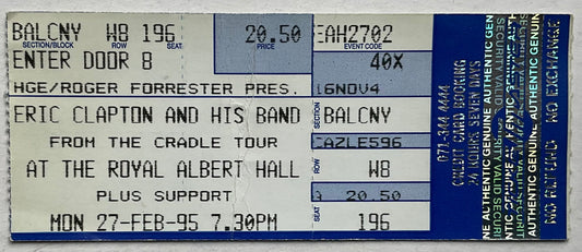 Eric Clapton Original Used Concert Ticket Royal Albert Hall London 27th Feb 1995