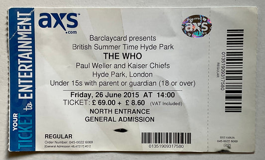 Who Paul Weller Original Unused Concert Ticket Hyde Park London 26th Jun 2015