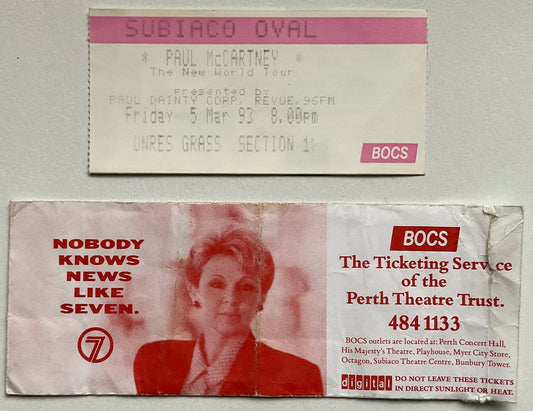 Beatles Paul McCartney Original Concert Ticket & Envelope Subiaco Oval Perth 5th Mar 1993