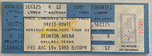 David Bowie Original Unused Concert Ticket Reunion Arena Dallas 19th Aug 1983