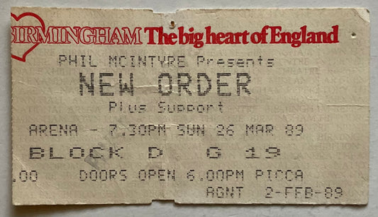 New Order Original Used Concert Ticket NEC Arena Birmingham 26th Mar 1989
