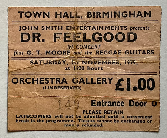Dr Feelgood Original Used Concert Ticket Town Hall Birmingham 1st Nov 1975