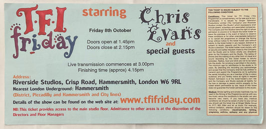David Bowie Original Unused Concert Ticket TFI Friday Riverside Studio London 8th Oct 1999