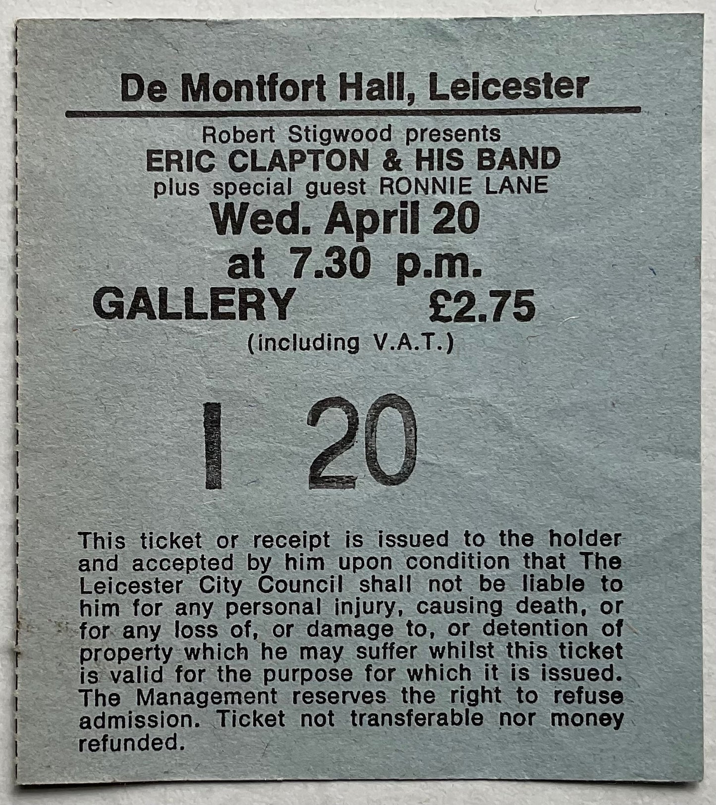 Eric Clapton Original Used Concert Ticket De Montfort Hall Leicester 20th Apr 1977