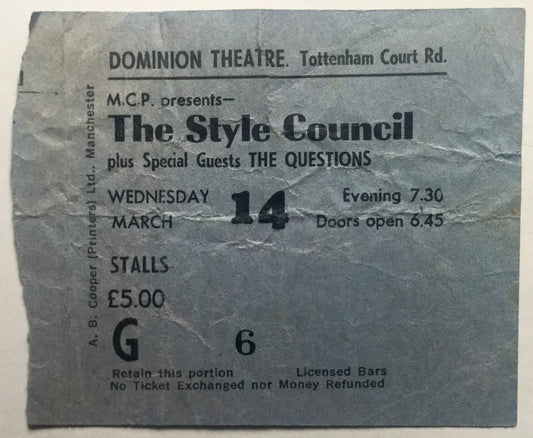 Style Council Original Concert Ticket Dominion Theatre London 14th Mar 1984