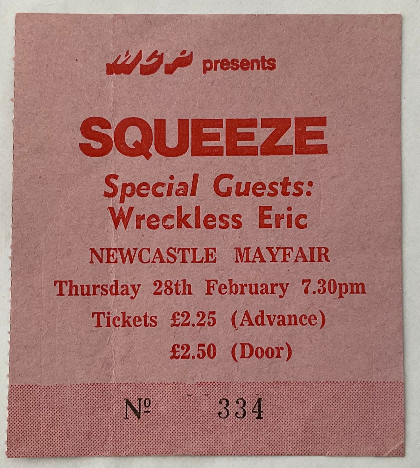 Squeeze Wreckless Eric Original Used Concert Ticket Newcastle Mayfair 28th Feb 1980