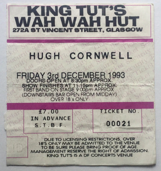 Hugh Cornwell Original Used Concert Ticket King Tuts Wah Wah Hut Glasgow 3rd Dec 1993