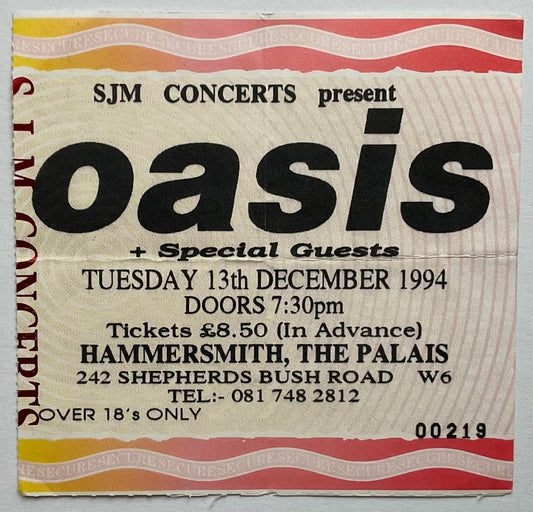 Oasis Original Concert Ticket Hammersmith Palais London 13th Dec 1994