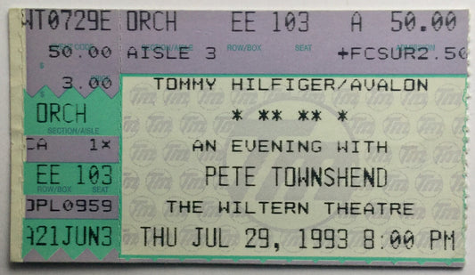 Who Pete Townshend Original Used Concert Ticket Wiltern Theatre Los Angeles 29th July 1993