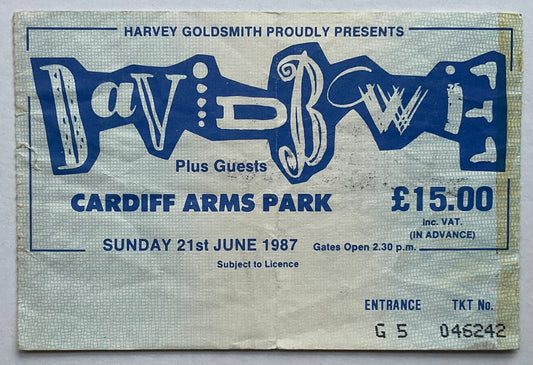 David Bowie Original Used Concert Ticket Cardiff Arms Park 21st June 1987