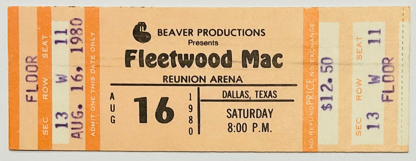 Fleetwood Mac Original Unused Concert Ticket Reunion Arena Dallas 16th Aug 1980