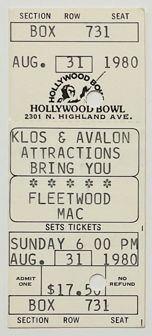 Fleetwood Mac Original Unused Concert Ticket Hollywood Bowl 31st Aug 1980