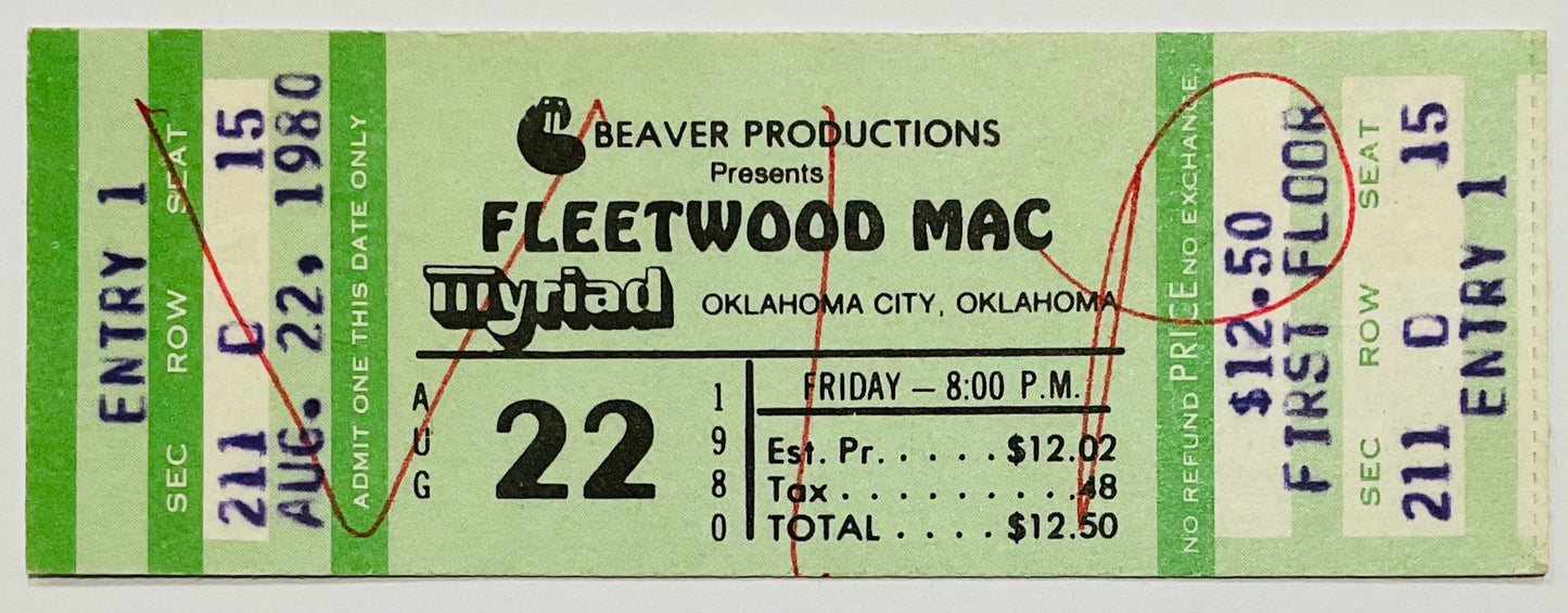 Fleetwood Mac Original Unused Concert Ticket Myriad Oklahoma City 22nd Aug 1980