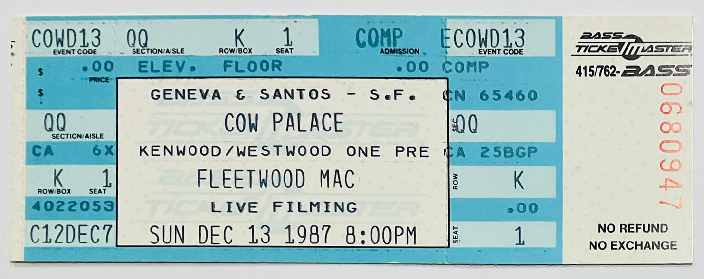 Fleetwood Mac Original Unused Concert Ticket Cow Palace San Francisco 13th Dec 1987