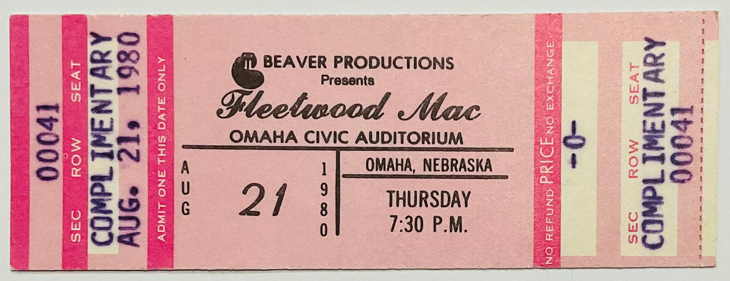 Fleetwood Mac Original Unused Concert Ticket Omaha Civic Auditorium 21st Aug 1980