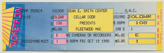 Fleetwood Mac Original Unused Concert Ticket Dean E Smith Center Chapel Hill 19th Oct 1990