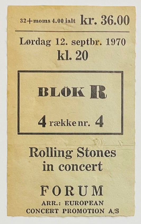 Rolling Stones Original Used Concert Ticket The Forum Copenhagen 12th Sept 1970