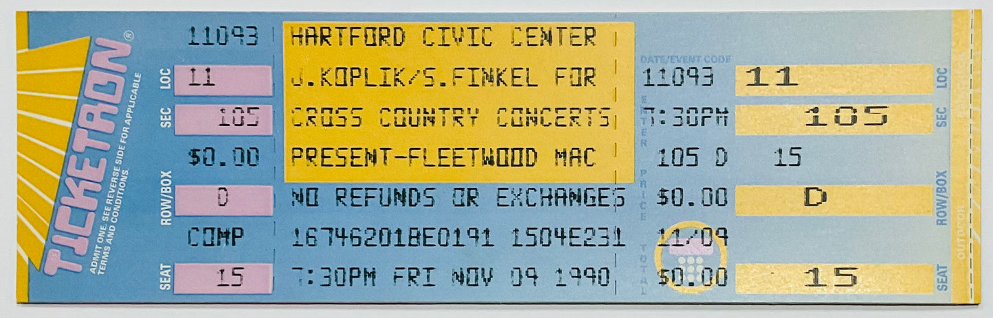 Fleetwood Mac Original Unused Concert Ticket Hartford Civic Center 9th Nov 1990