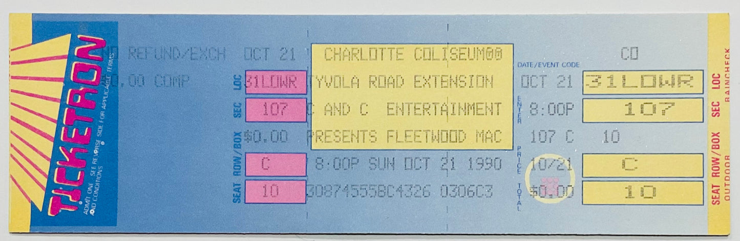 Fleetwood Mac Original Unused Concert Ticket Charlotte Coliseum 21st Oct 1990