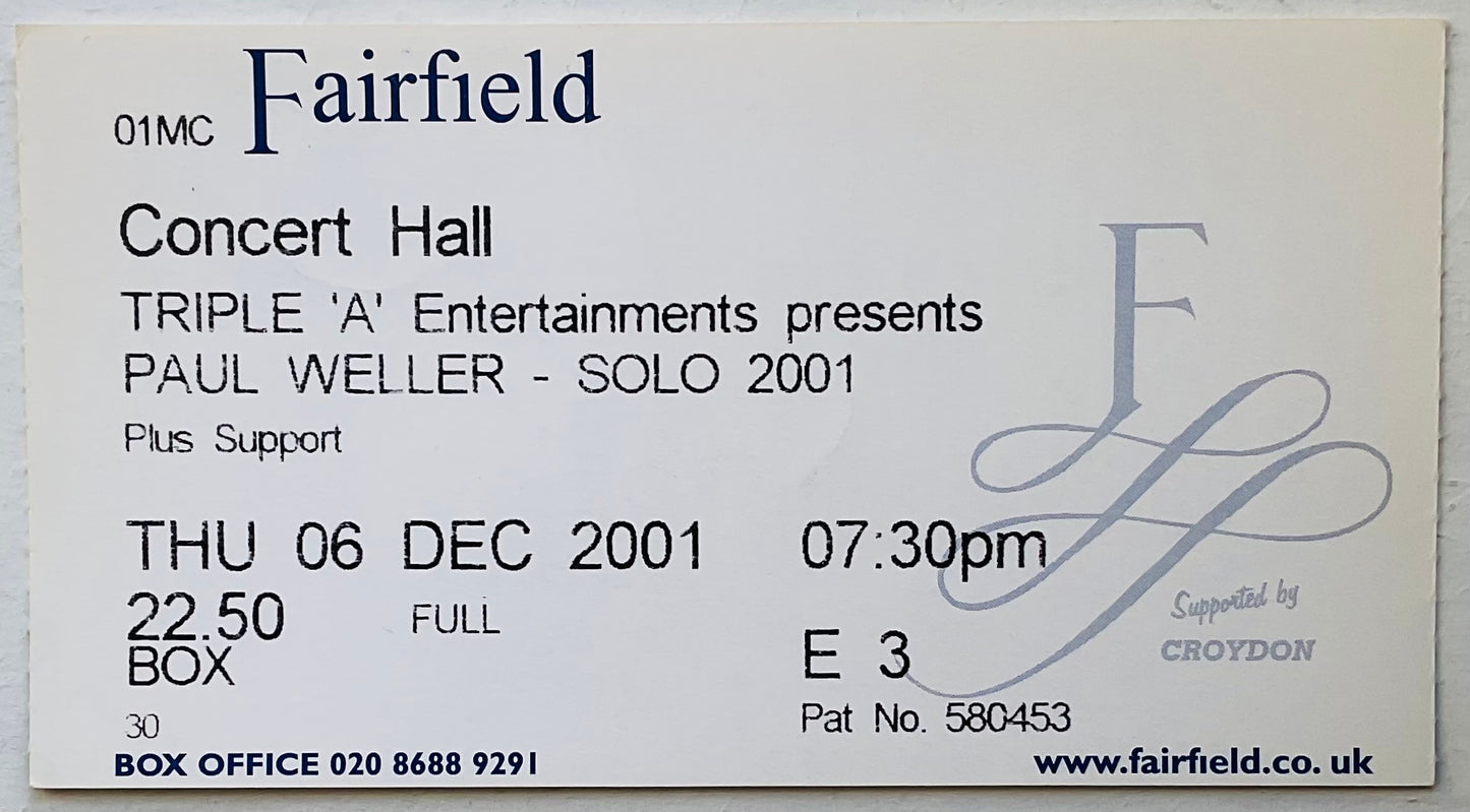 Paul Weller Original Used Concert Ticket Fairfield Halls Croydon 6th Dec 2001