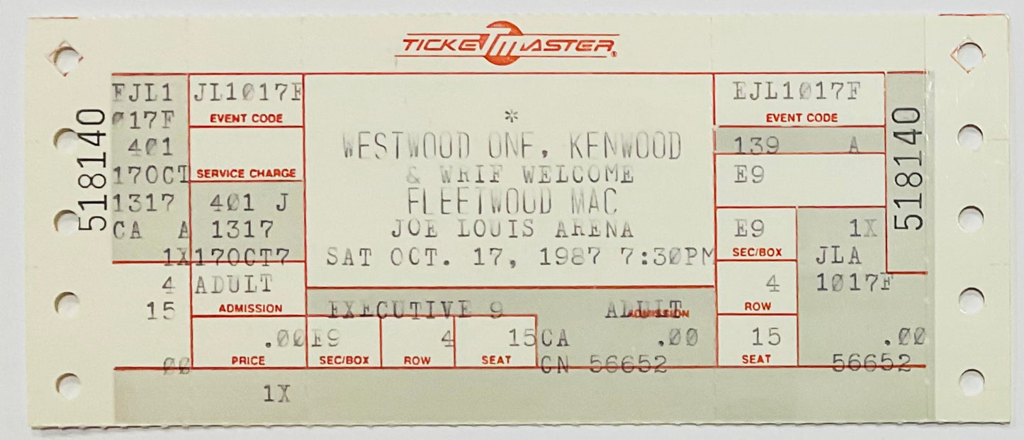 Fleetwood Mac Original Unused Concert Ticket Joe Louis Arena Detroit 17th Oct 1987