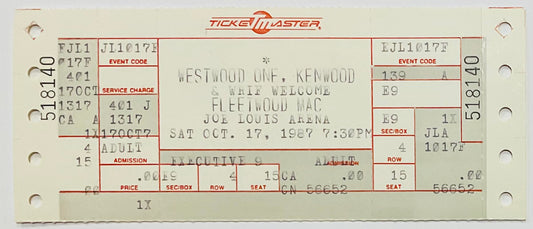 Fleetwood Mac Original Unused Concert Ticket Joe Louis Arena Detroit 17th Oct 1987