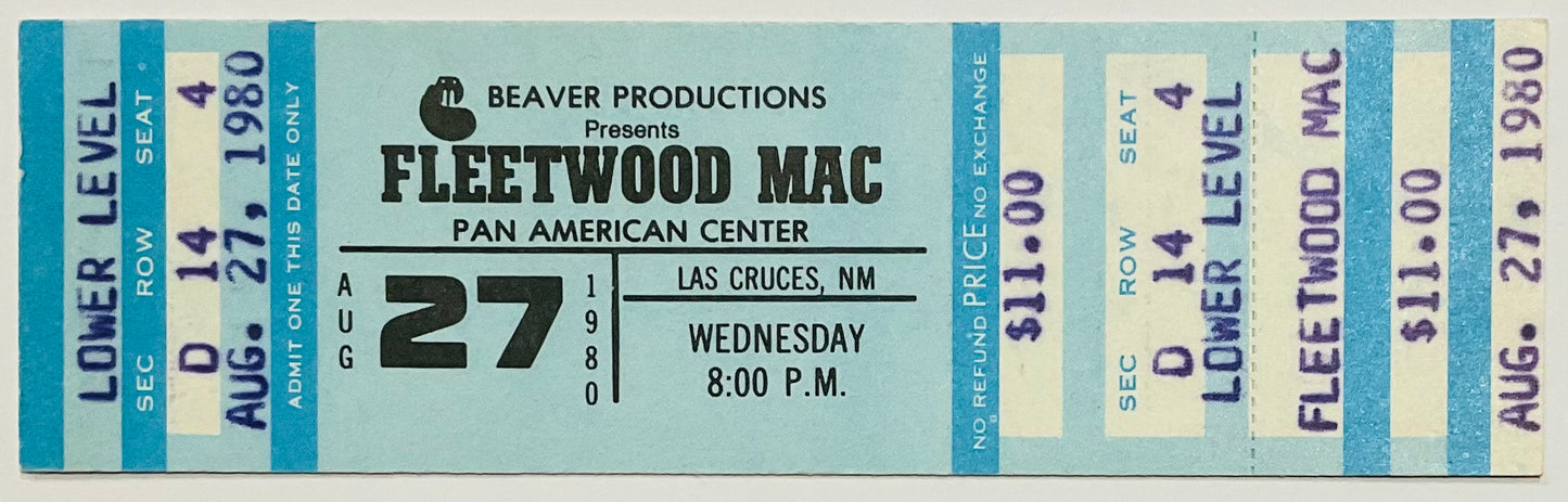 Fleetwood Mac Original Unused Concert Ticket Pan American Center Las Cruces 27th Aug 1980