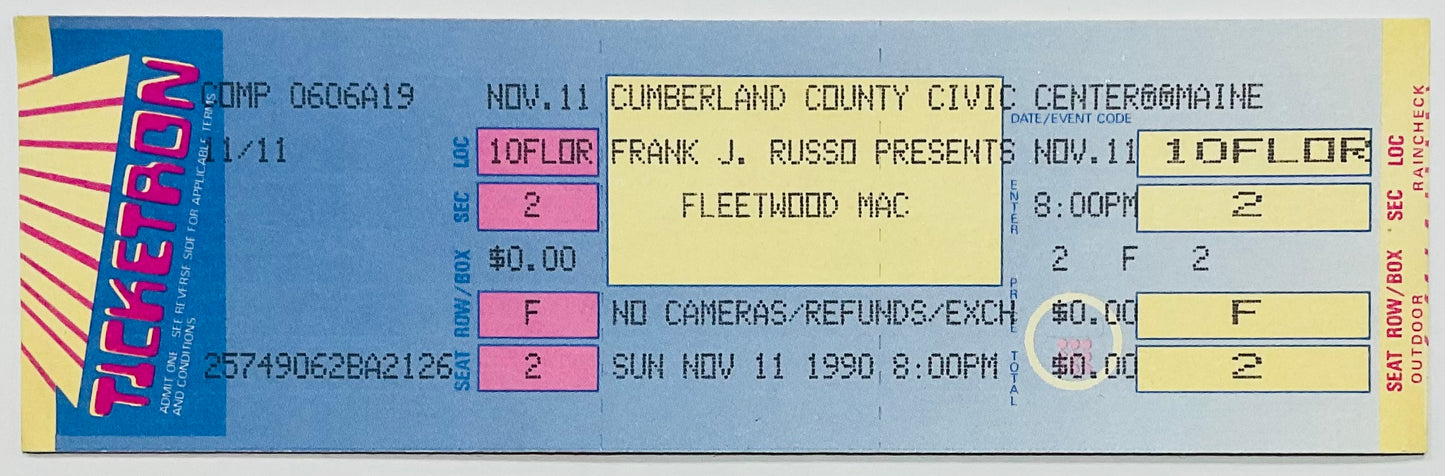 Fleetwood Mac Original Unused Concert Ticket Cumberland Civic Center Portland 11th Nov 1990