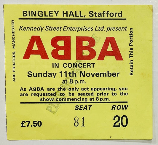 ABBA Original Used Concert Ticket Bingley Hall Stratford 11th Nov 1979