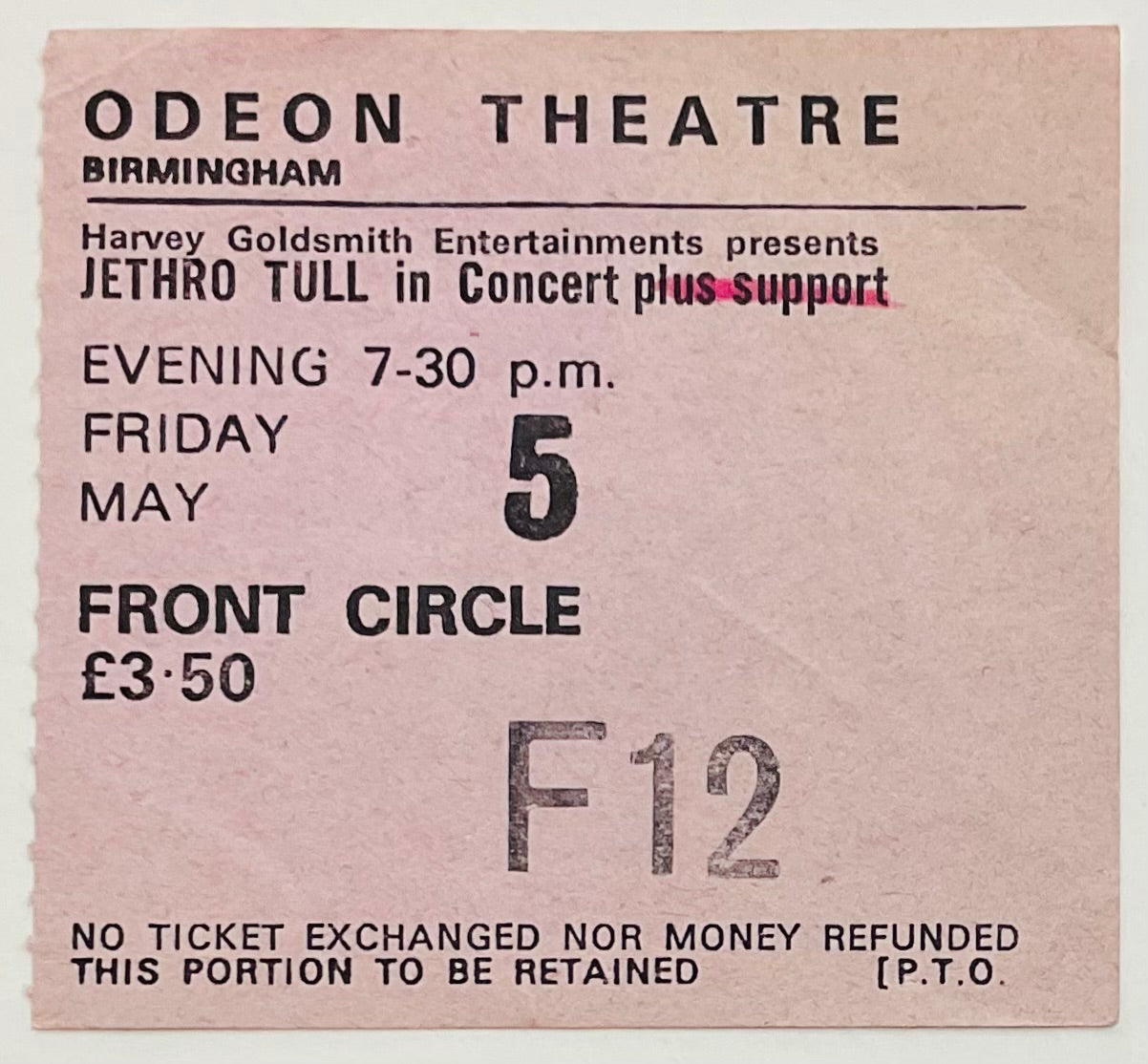 Jethro Tull Original Used Concert Ticket Odeon Theatre Birmingham 5th May 1978
