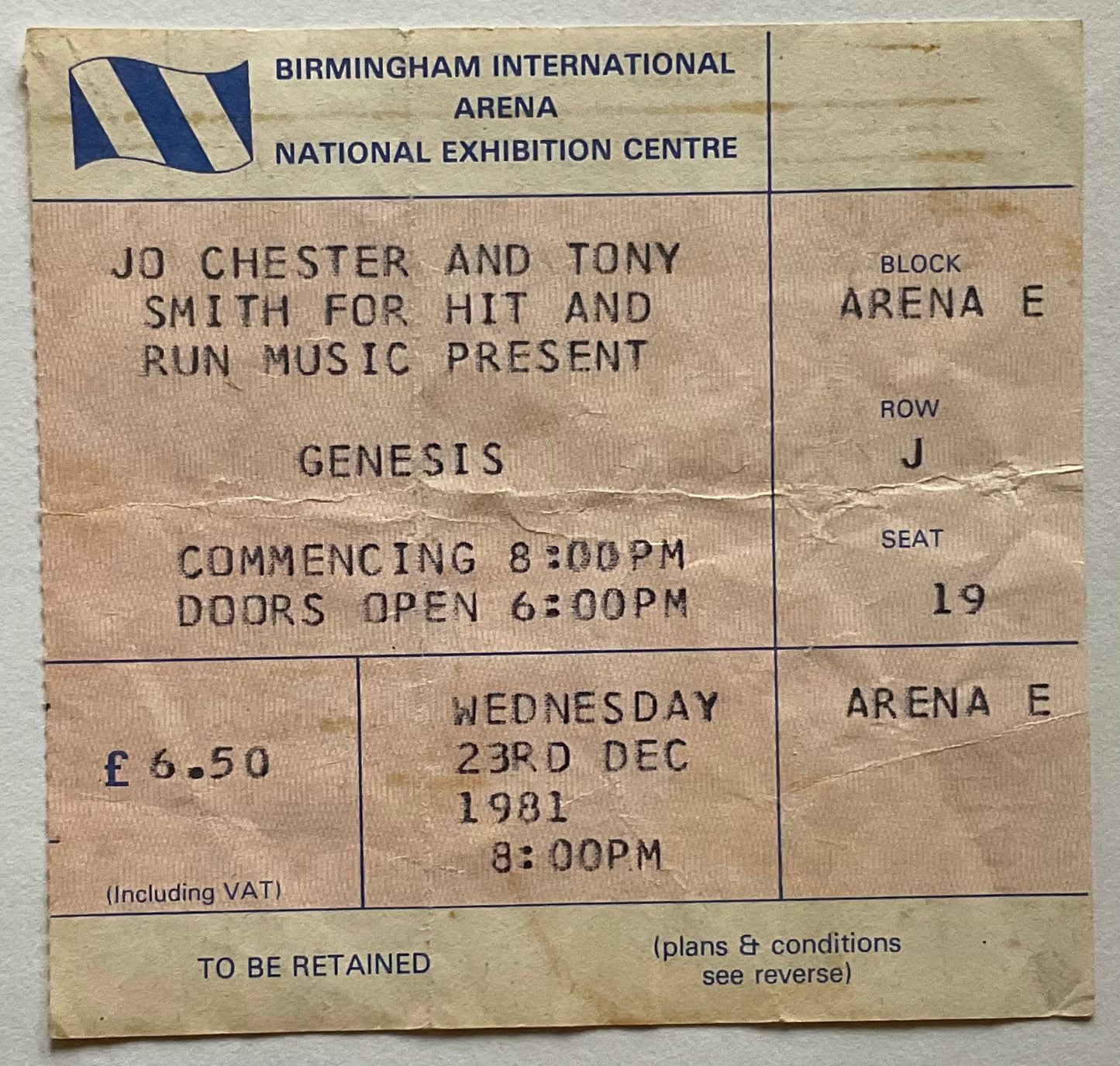 Genesis Original Used Concert Ticket NEC Birmingham 23rd Dec 1981