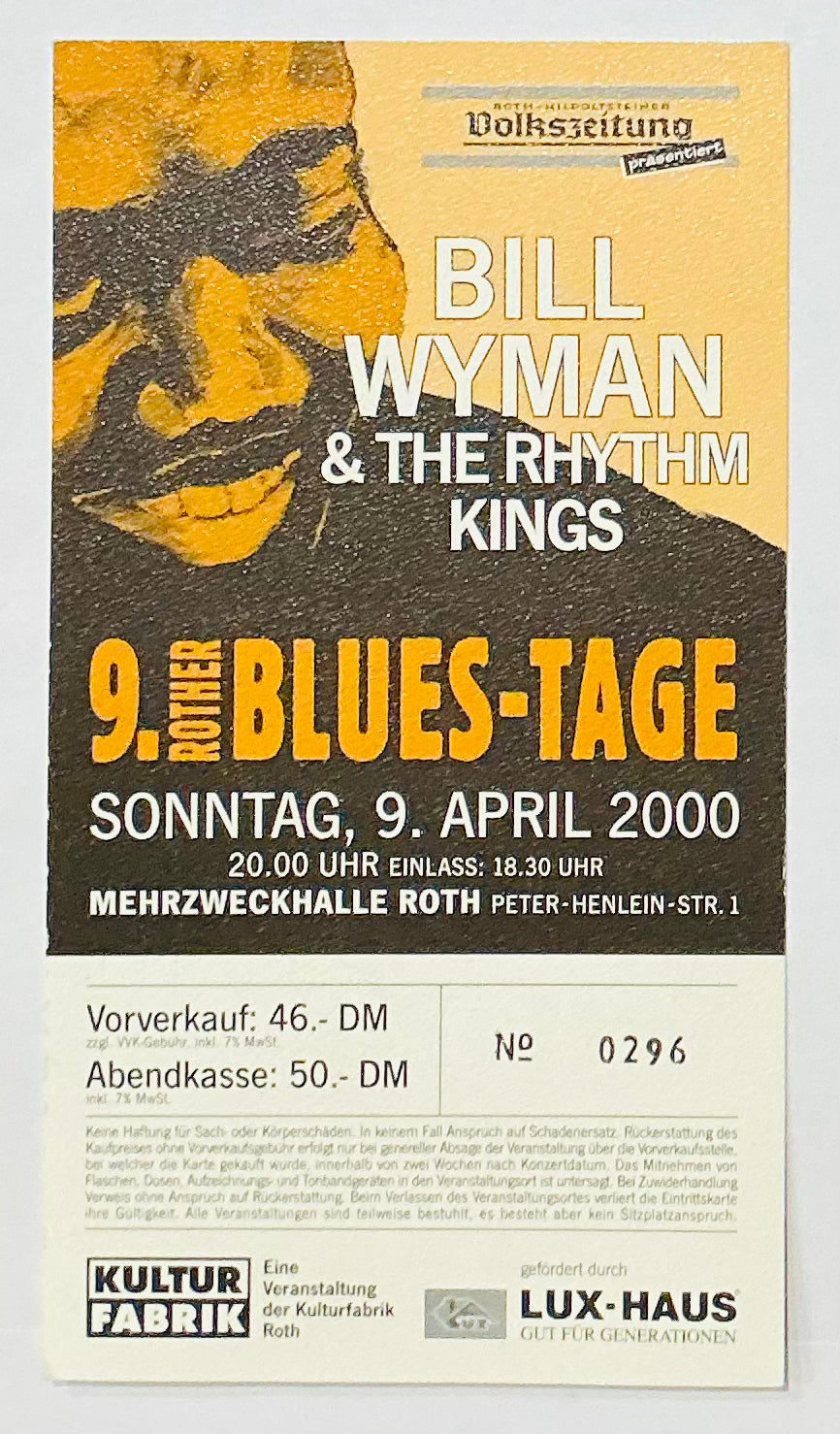 Rolling Stones Bill Wyman Original Used Concert Ticket Mehrzweckhalle Roth 9th Apr 2000