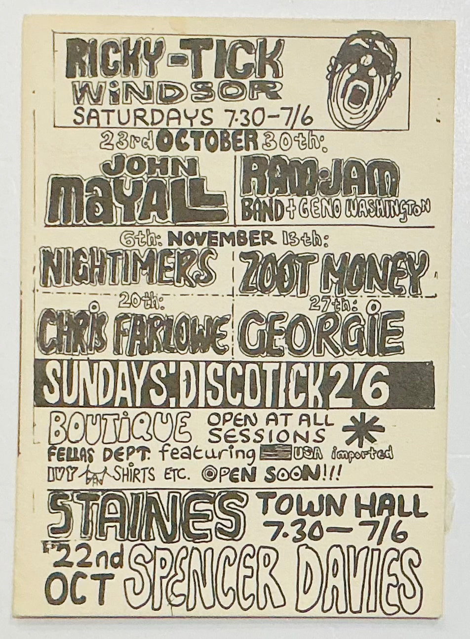 John Mayall Zoot Money Original Concert Handbill Flyer Ricky Tick Club Windsor Staines 1965