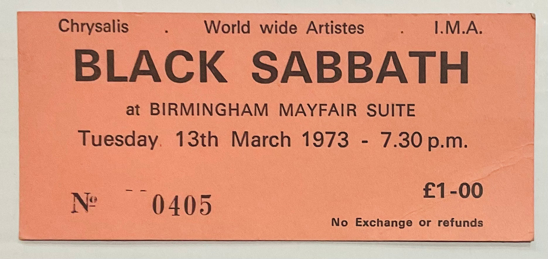 Black Sabbath Original Concert Ticket Mayfair Suite Birmingham 13th Mar 1973