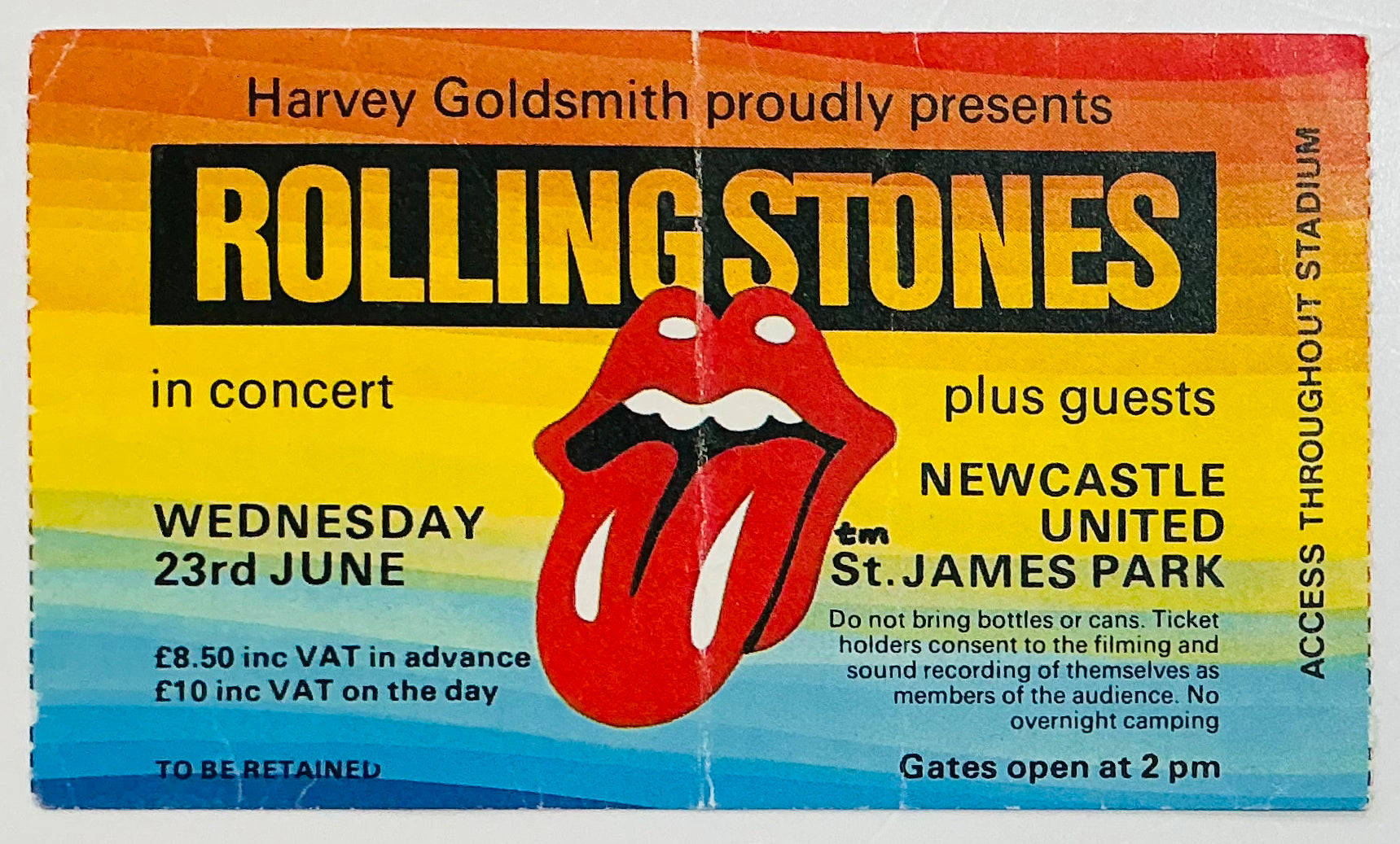 Rolling Stones Original Used Concert Ticket St James Park Newcastle 23rd June 1982