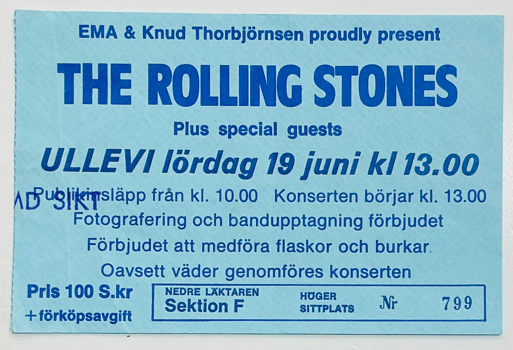 Rolling Stones Original Used Concert Ticket Ullevi Stadium Gothenburg 19th Jun 1982