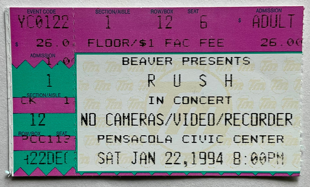 Rush Original Concert Ticket Pensacola Civic Center 22nd Jan 1994