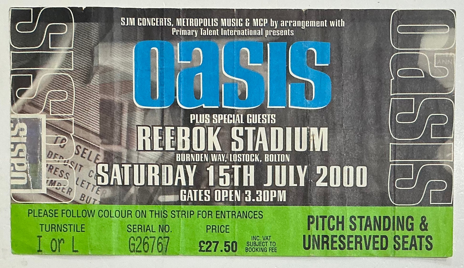 Oasis Original Used Concert Ticket Reebok Stadium Bolton 15th July 2000