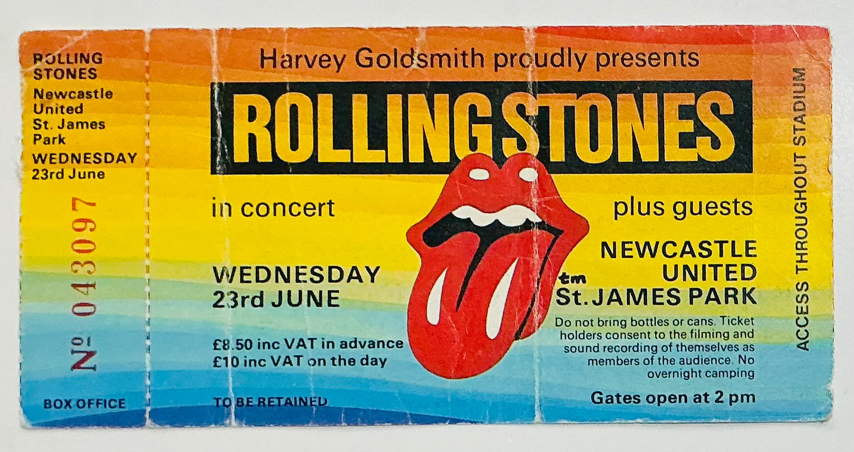 Rolling Stones Original Unused Concert Ticket St James Park Newcastle 23rd June 1982