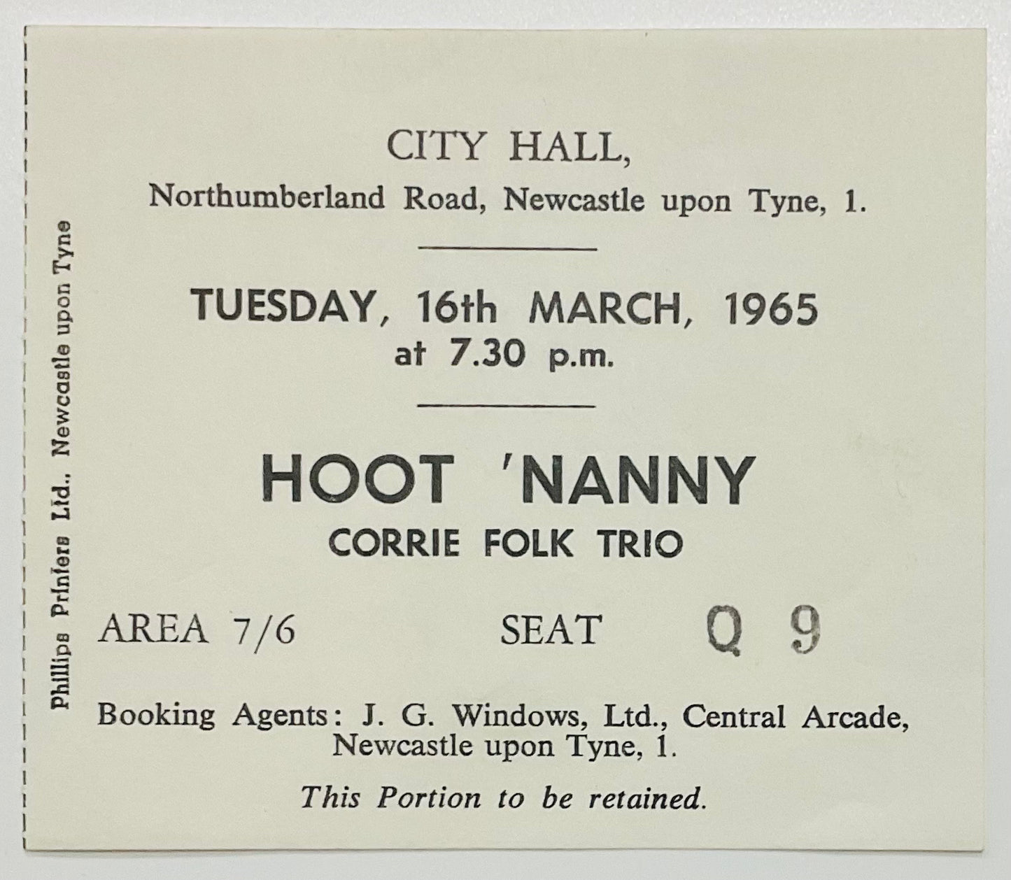 Connie Folk Trio Paddie Bell Original Used Concert Ticket City Hall Newcastle 16th Mar 1965