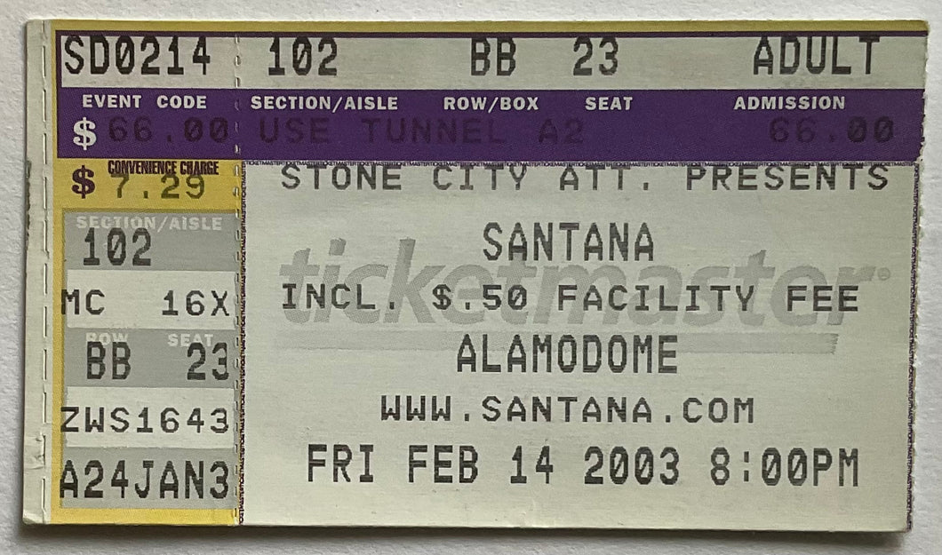Santana Original Used Concert Ticket Alamodome San Antonio 14th Feb 2003