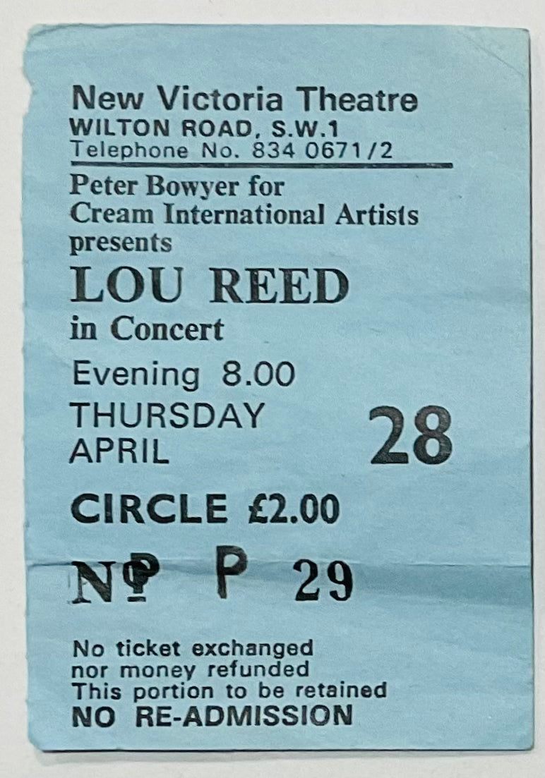 Lou Reed Original Used Concert Ticket New Victoria Theatre London 1977